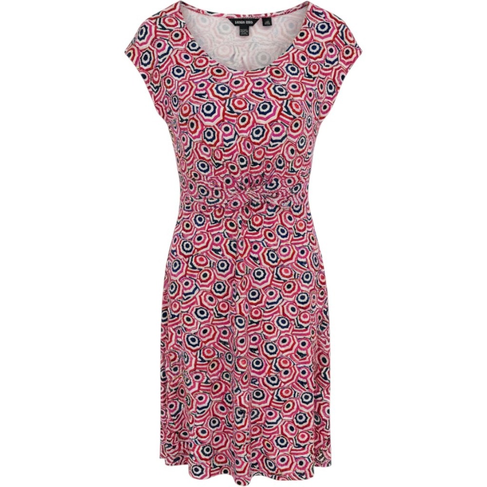 Lands End Knit Faux Wrap Dress Medium Pink Red Umbrella Geometric Print Stretch